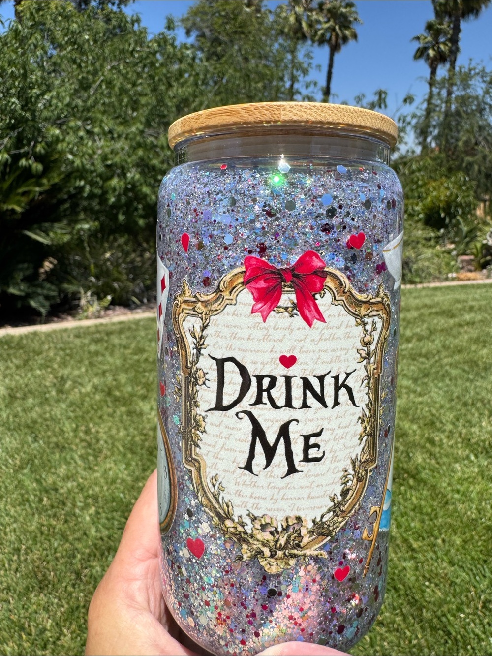 Drink me Alice in wonderland snow globe tumbler 16oz